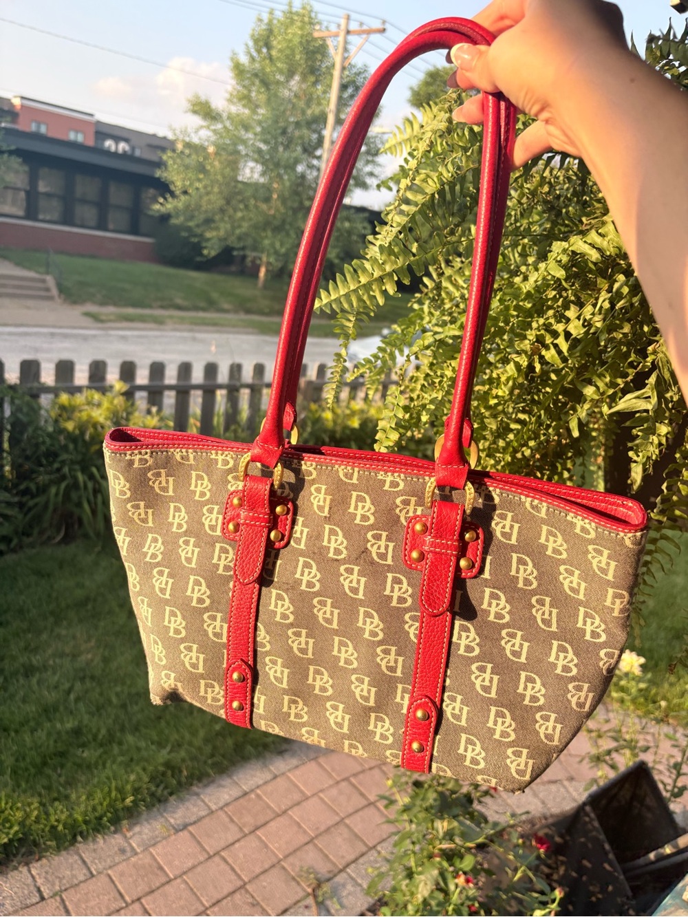 Dooney & Bourke Brown Canvas Shoulder Bag with Red Trim